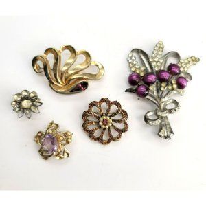 Vintage Brooch and Pin Set Gold Silver Amethyst Rhinestone Marvella CT545